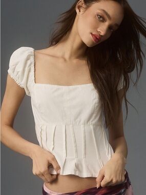 Anthropologie Ivory Square-Neck Puff Sleeve Top